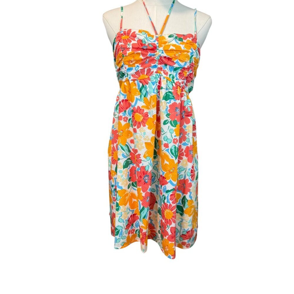 Copper Key Floral Halter Sundress NWT Size M Bow Tie Back Orange Pink Summer